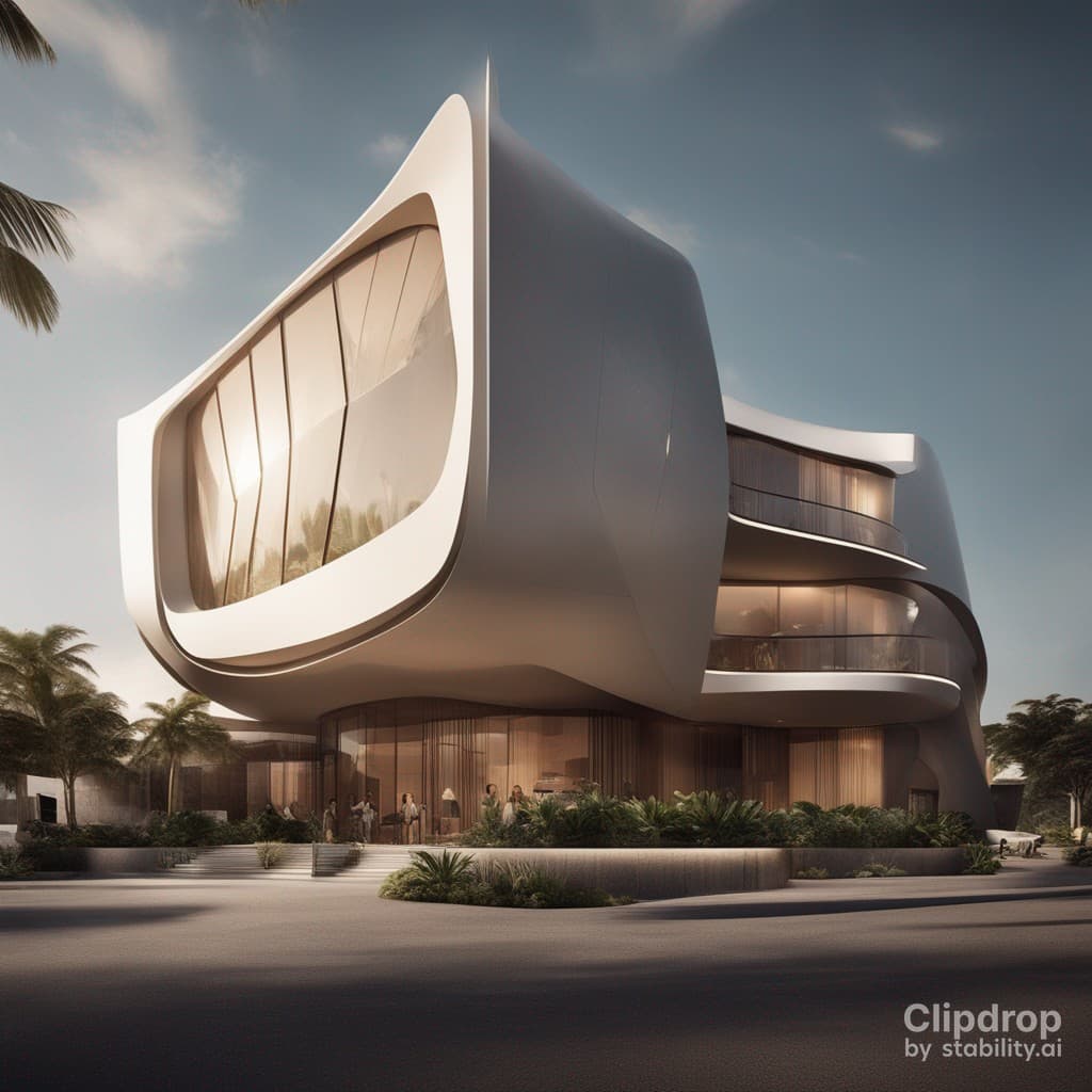 AI generated: Stylish modern building with smooth facade lines design in African patterns:: ultra modern::1 tropic...