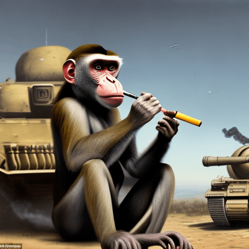 AI generated: hyperrealistic monkey smoking cigarettes during war, he is sitting on big bombs, in the background t...