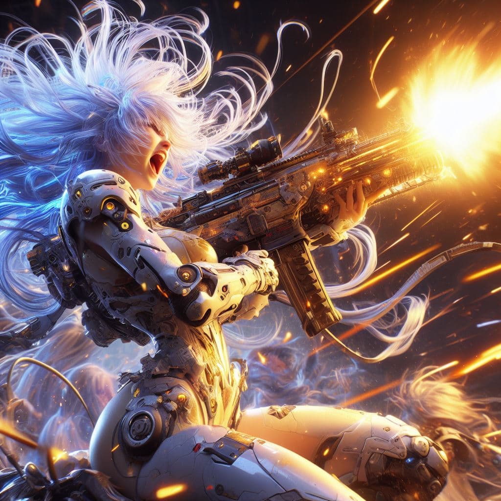AI generated: photorealistic, detailed flying hair, urbanpunk, more colorful, girl fighting at war, screaming and ...