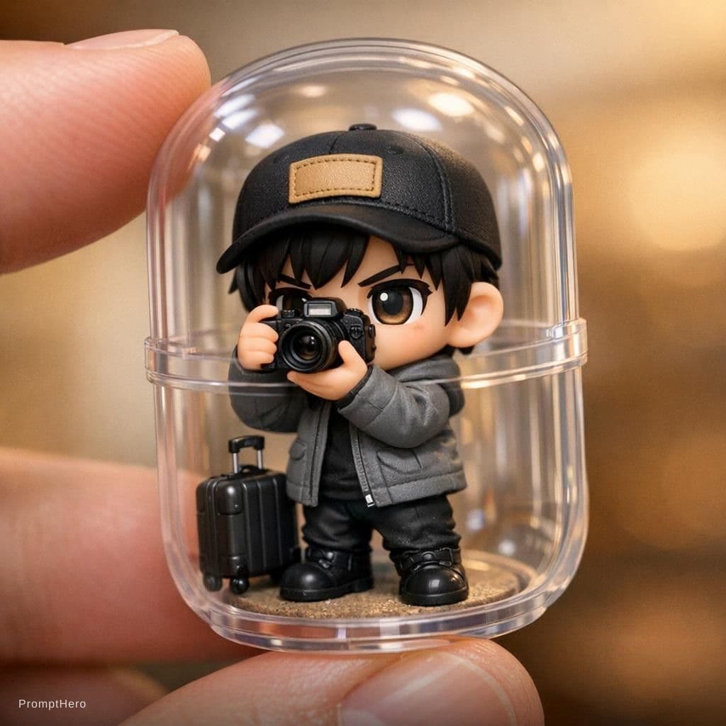 AI generated: {
  "subject": {
    "type": "chibi figurine",
    "gender": "male",
    "expression": "focused"...