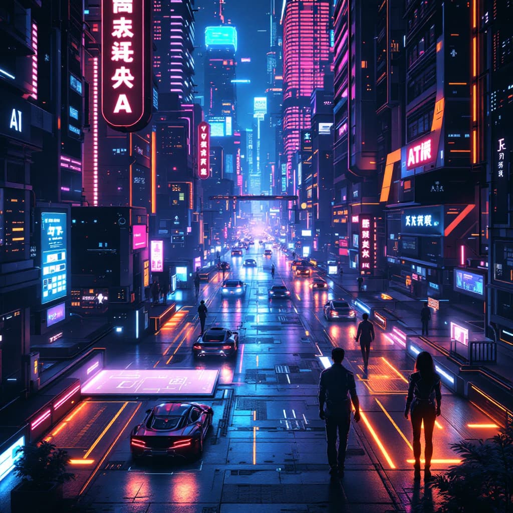 AI generated: Futuristic AI city at night, neon lights, flying cars, holograms, cyberpunk vibe.