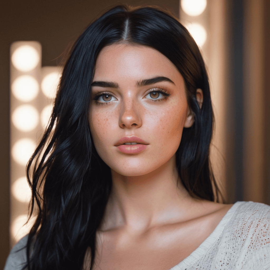 AI generated: Generate a hyper-realistic portrait of a beautiful white girl with neon black hair, light freckles, ...