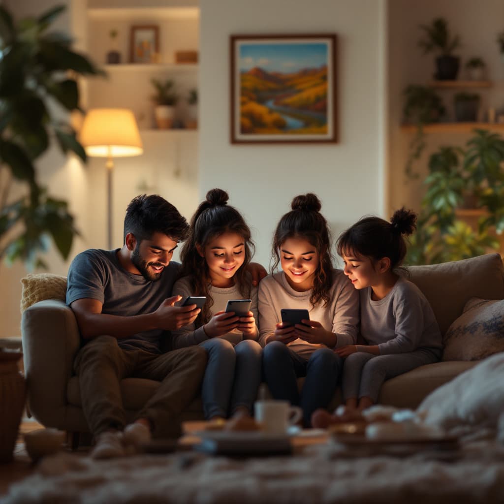 AI generated: A Latino family sitting in the living room with devices in their hands, 4k, hyper realistic, focused...