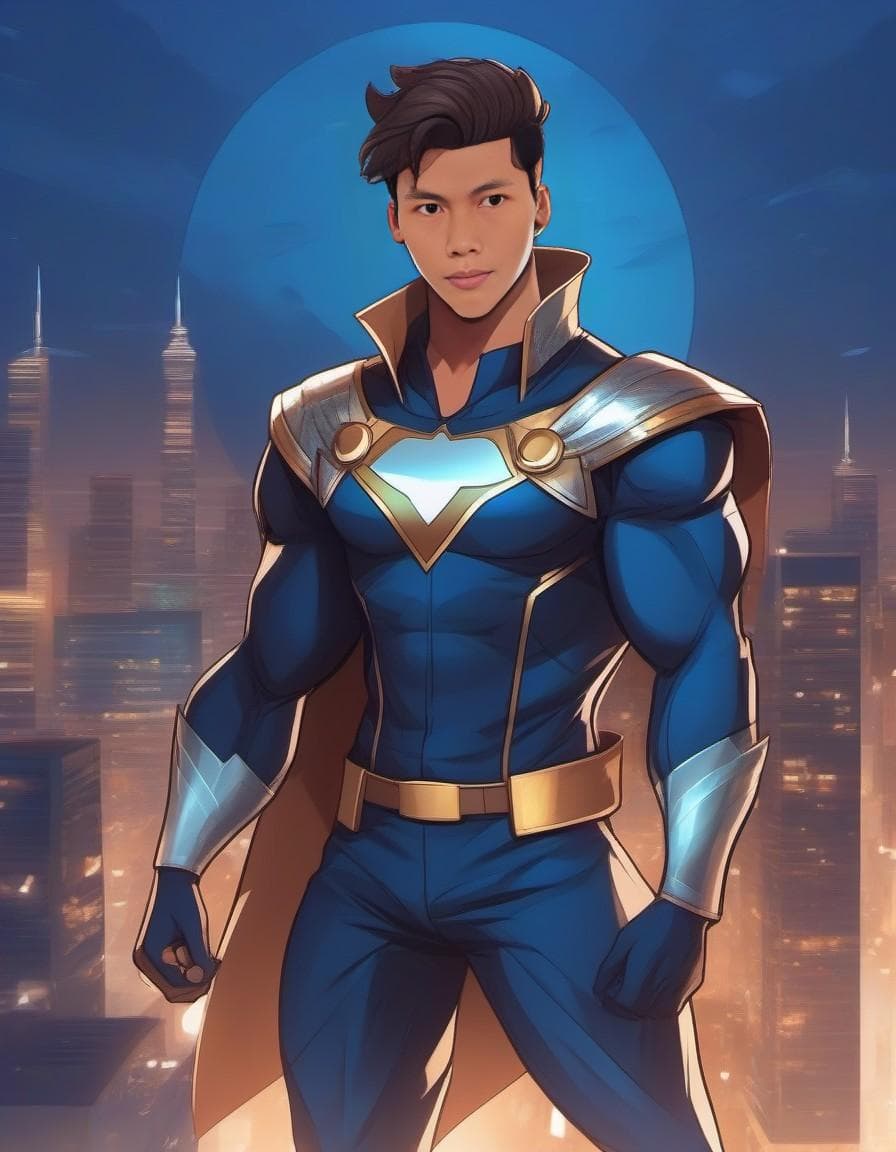 AI generated: use epic anime style to create a picture of a young latino man with silver eyes, black hair with man...