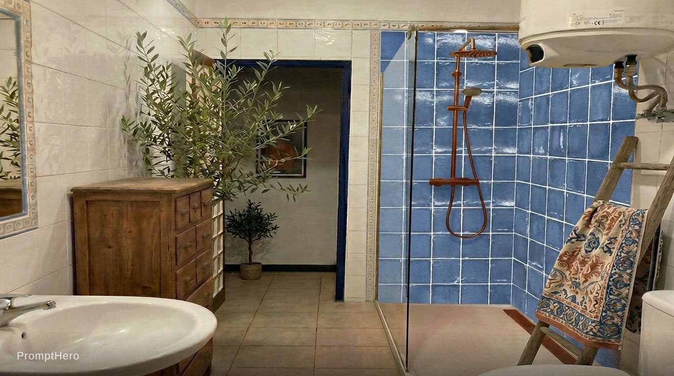 AI generated: add this new tile to the image instead of the pink one in the shower. keep everything else exactly t...