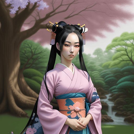 AI generated: anime warrior geisha in a lush garden under a giant tree, master quality oil painting in pink and bl...