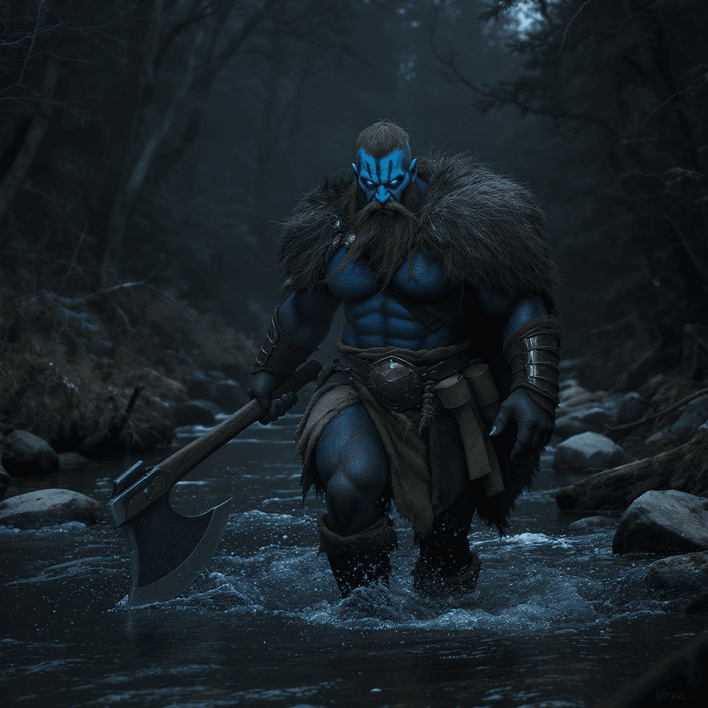 AI generated: Full body shot of a barbarian warrior wearing blue face paint and, holding a battle axe, blue eyes w...
