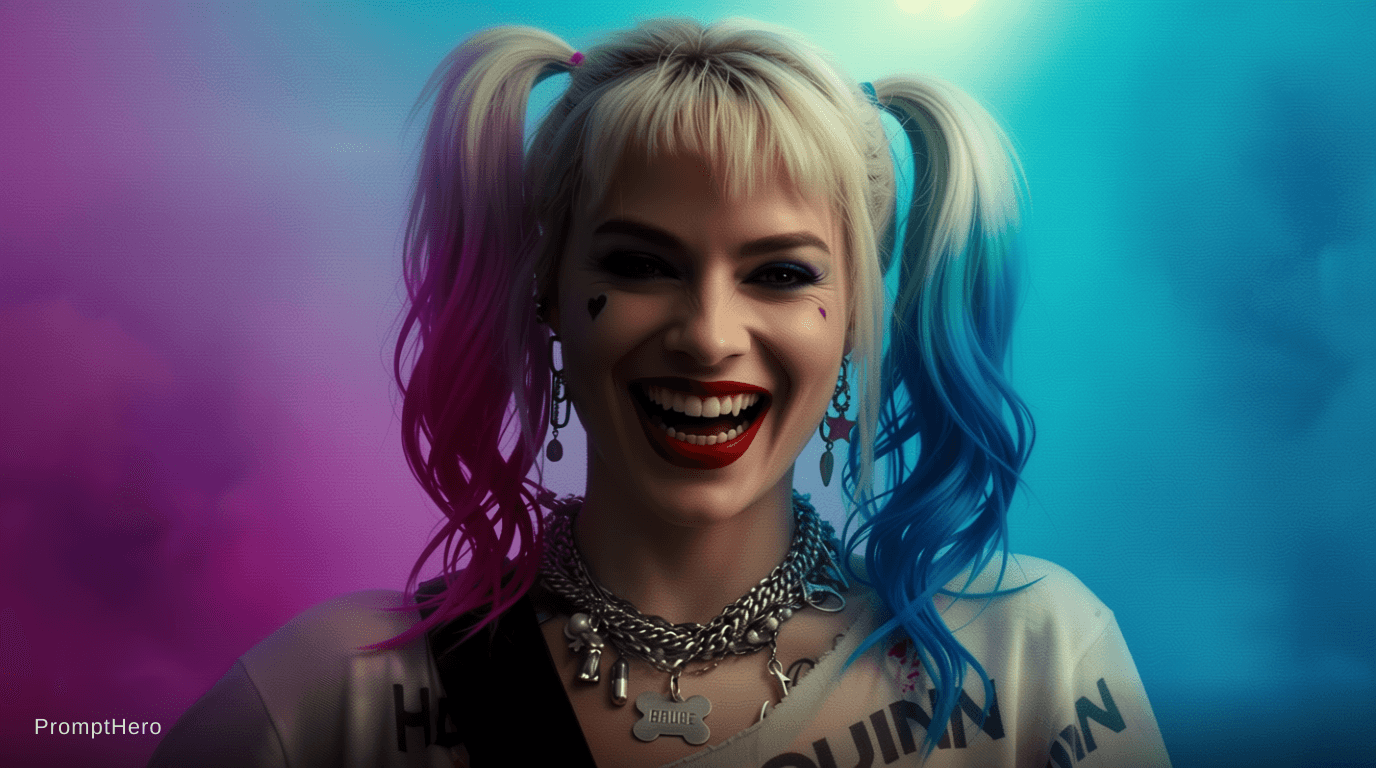 AI generated: Harley Quinn posing with wicked smile