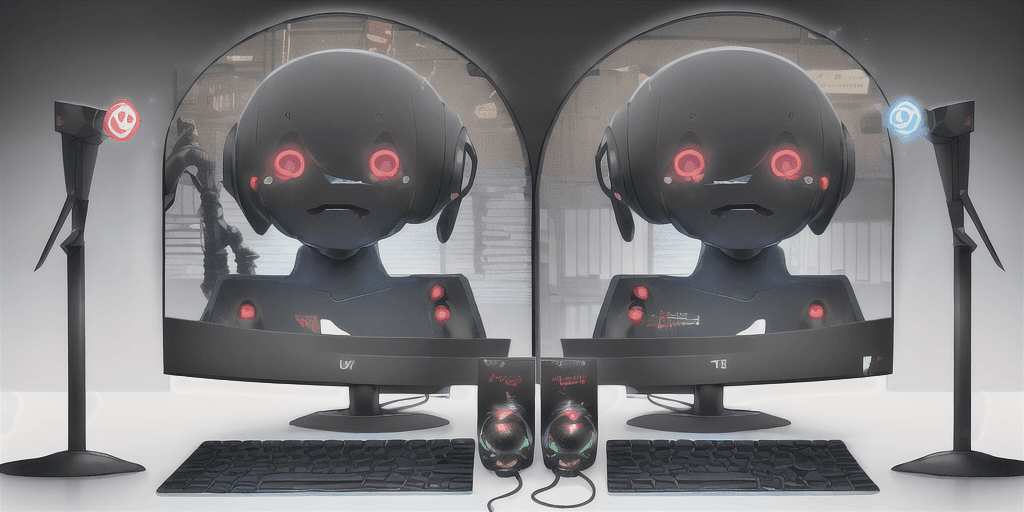 AI generated: In the background there are personal computers, keyboards, different pc components. In the image the...