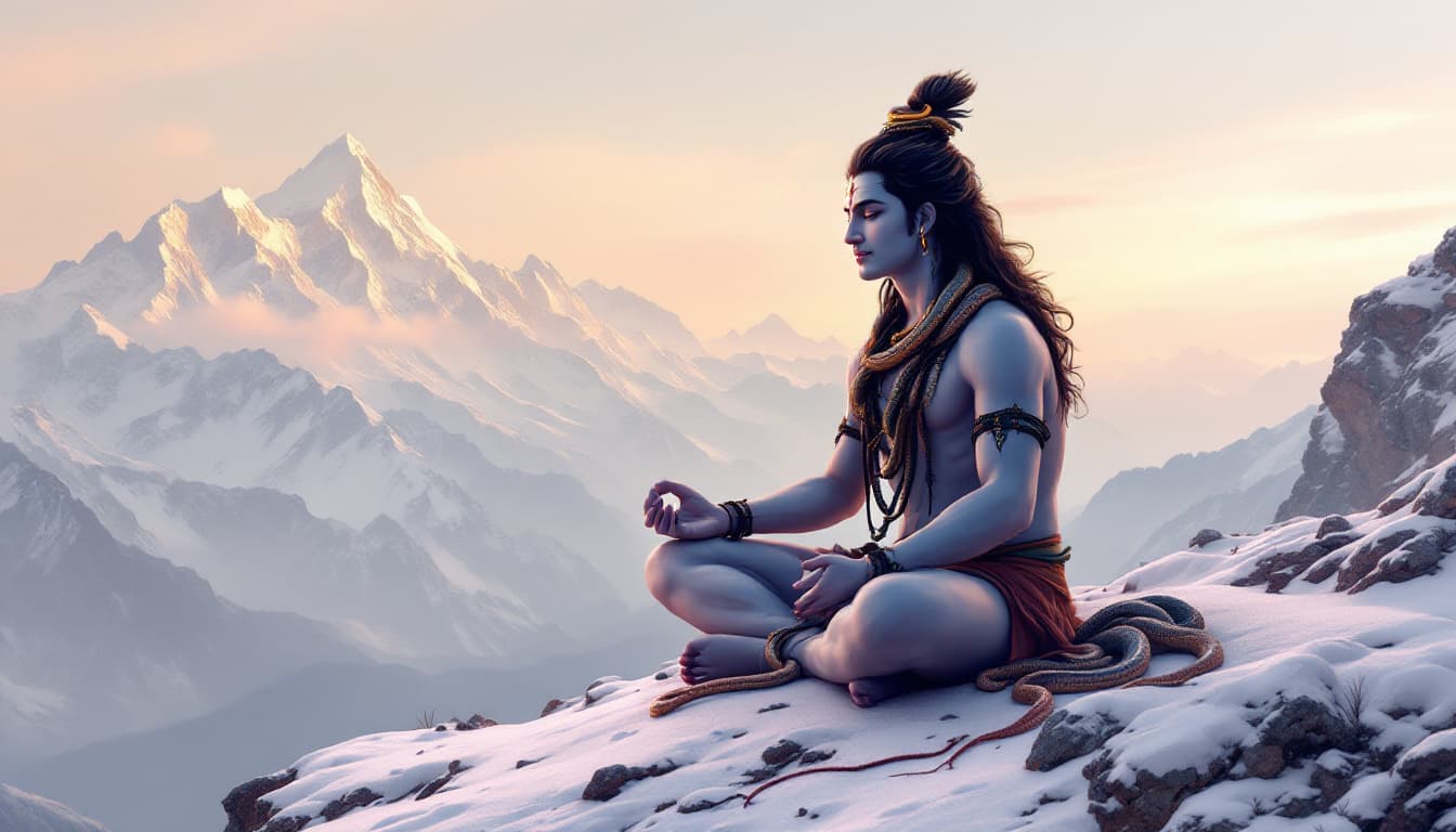 AI generated: "Illustrate Lord Shiva seated in meditation on a quiet Himalayan ridge, with the distant peaks glowi...