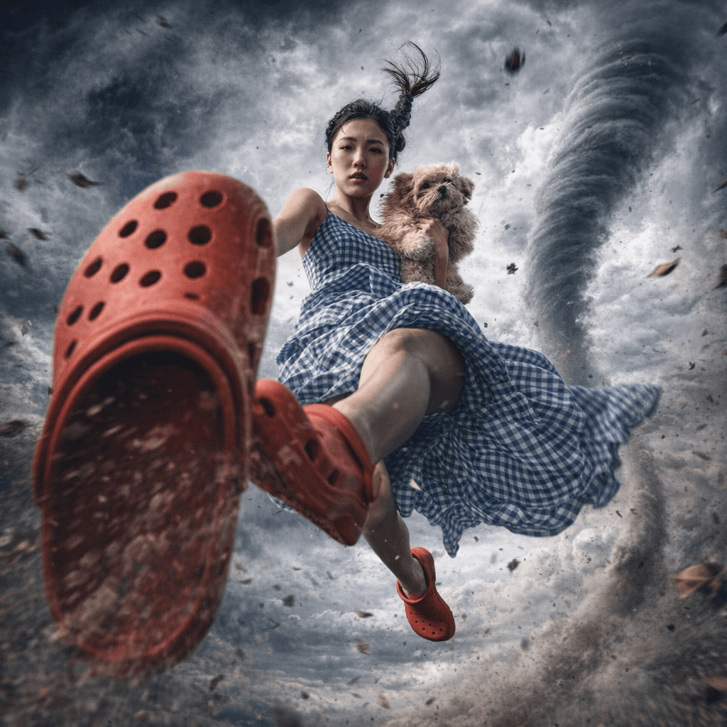 AI generated: {
  "scene": {
    "setting": "inside a swirling tornado",
    "mood": "dramatic and surreal",
 ...