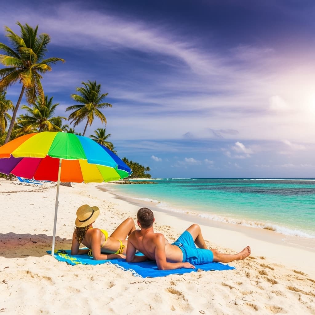 AI generated: CARIBBEAN BEACH, 5D, SATURATED COLORS, CINEMA MODE, HIGH RESOLUTION, COUPLE SUNBATHING ON THE BEACH,...