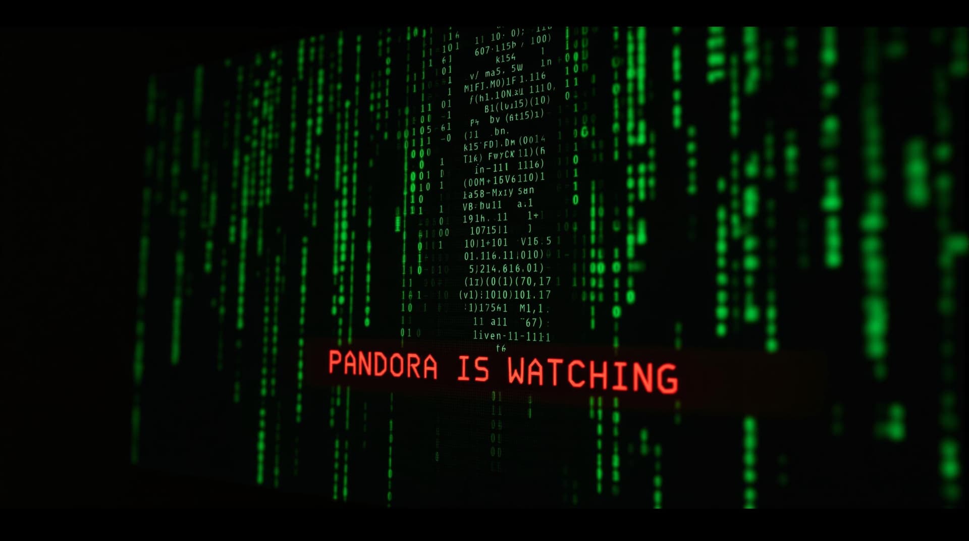 AI generated: Dark computer screen with glowing green Matrix code, hidden message 'PANDORA IS WATCHING' in blood-r...