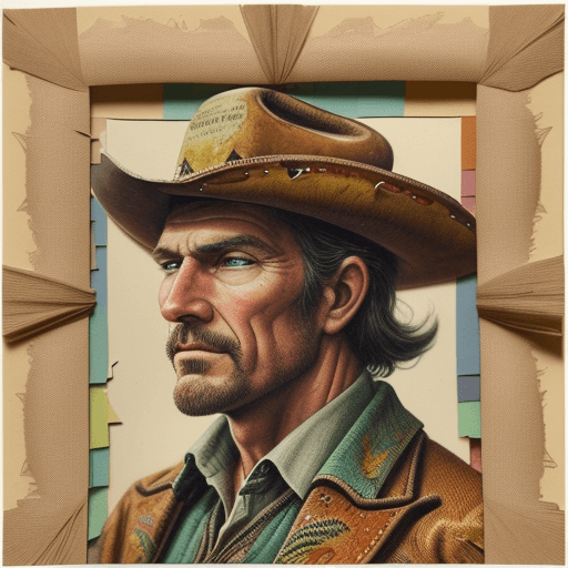 AI generated: Very finely detailed 2-dimensional papar collage, featuring the face of a weatherworm western cowboy...