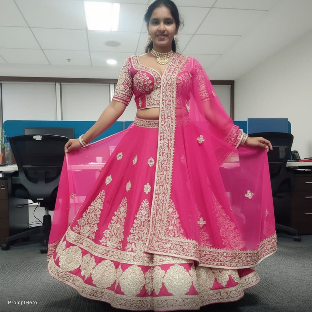 AI generated: show her in smaller tightly fitted cropped pink choli blouse with intricate patterns and low necklin...
