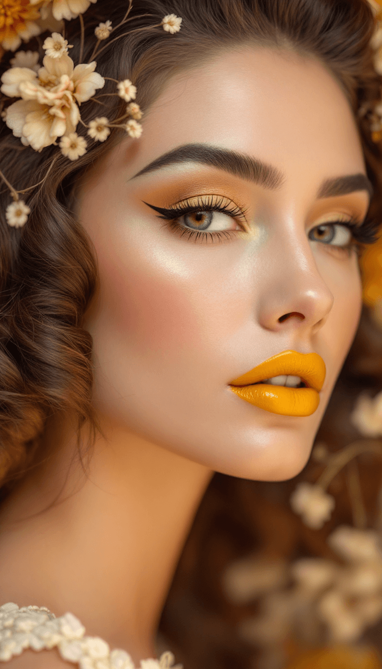 AI generated: Drawing inspiration from past eras, often featuring winged eyeliner, yellow  lips, and soft, romanti...