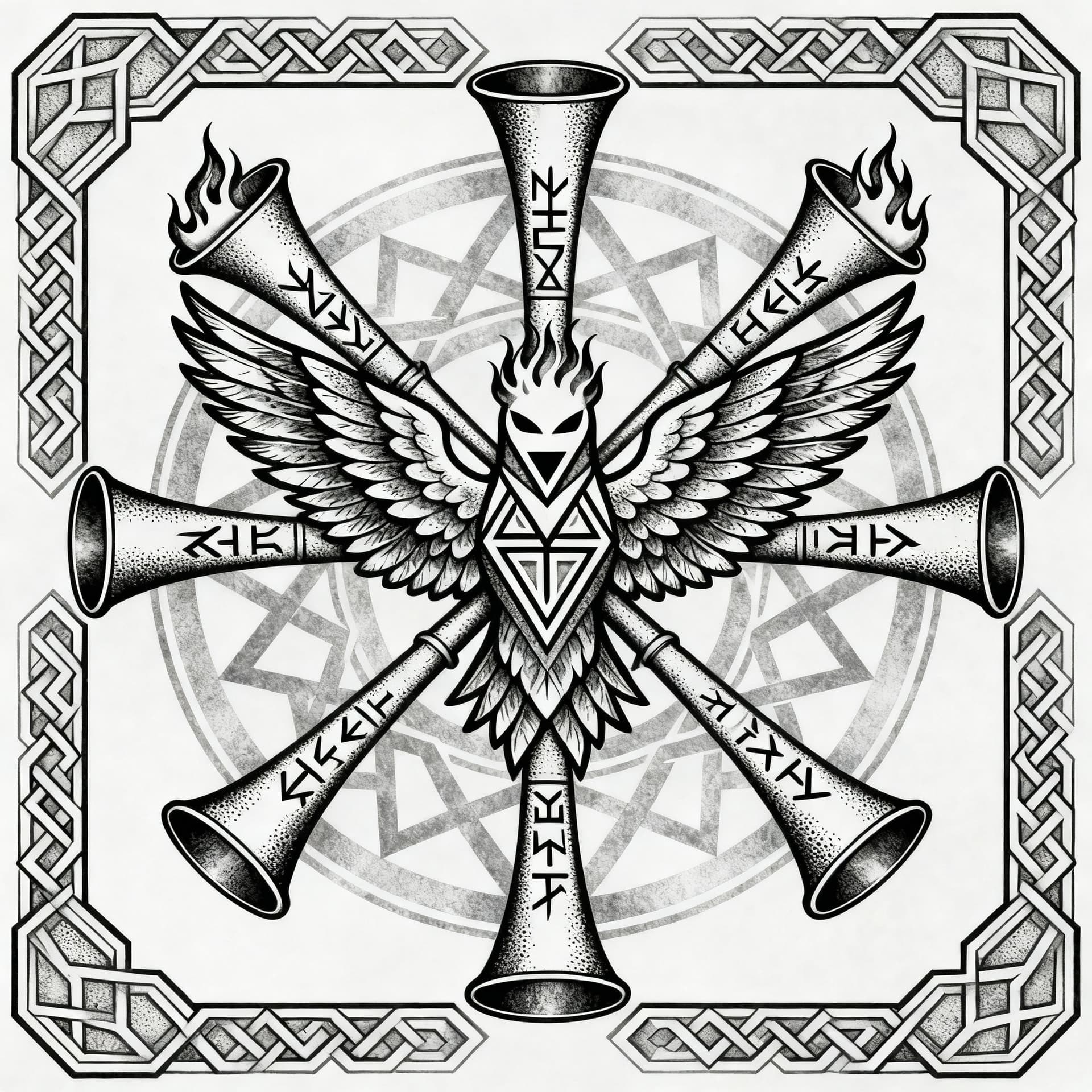 AI generated: Please create a tattoo design of a seraph surrounded by 7 trumpets in a sigilism style  