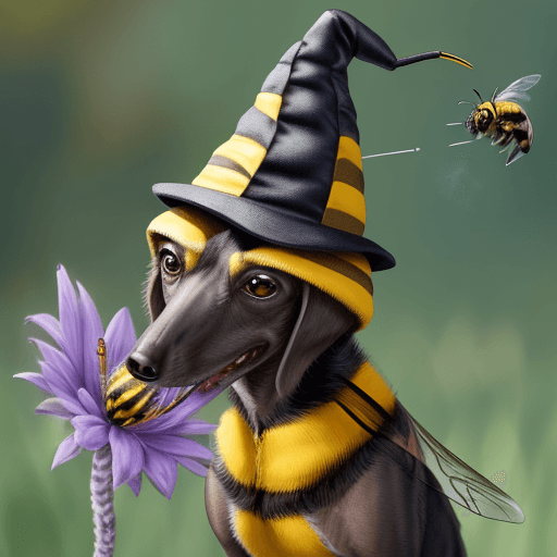 AI generated: a bumblebee wearing a wizard's hat fencing against a greyhound