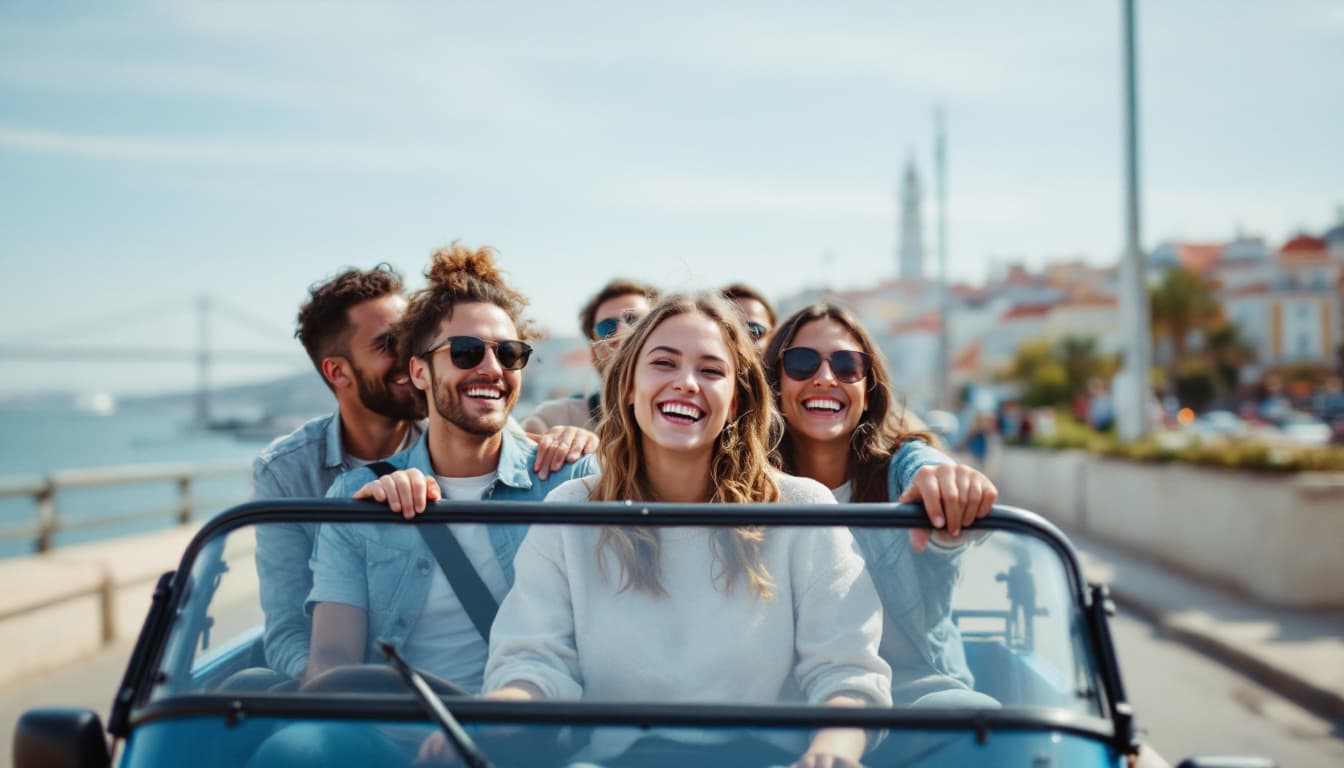 AI generated: A photograph of a group of people in a Tuktuk in Lisbon doing a sightseeing tour on a company retrea...