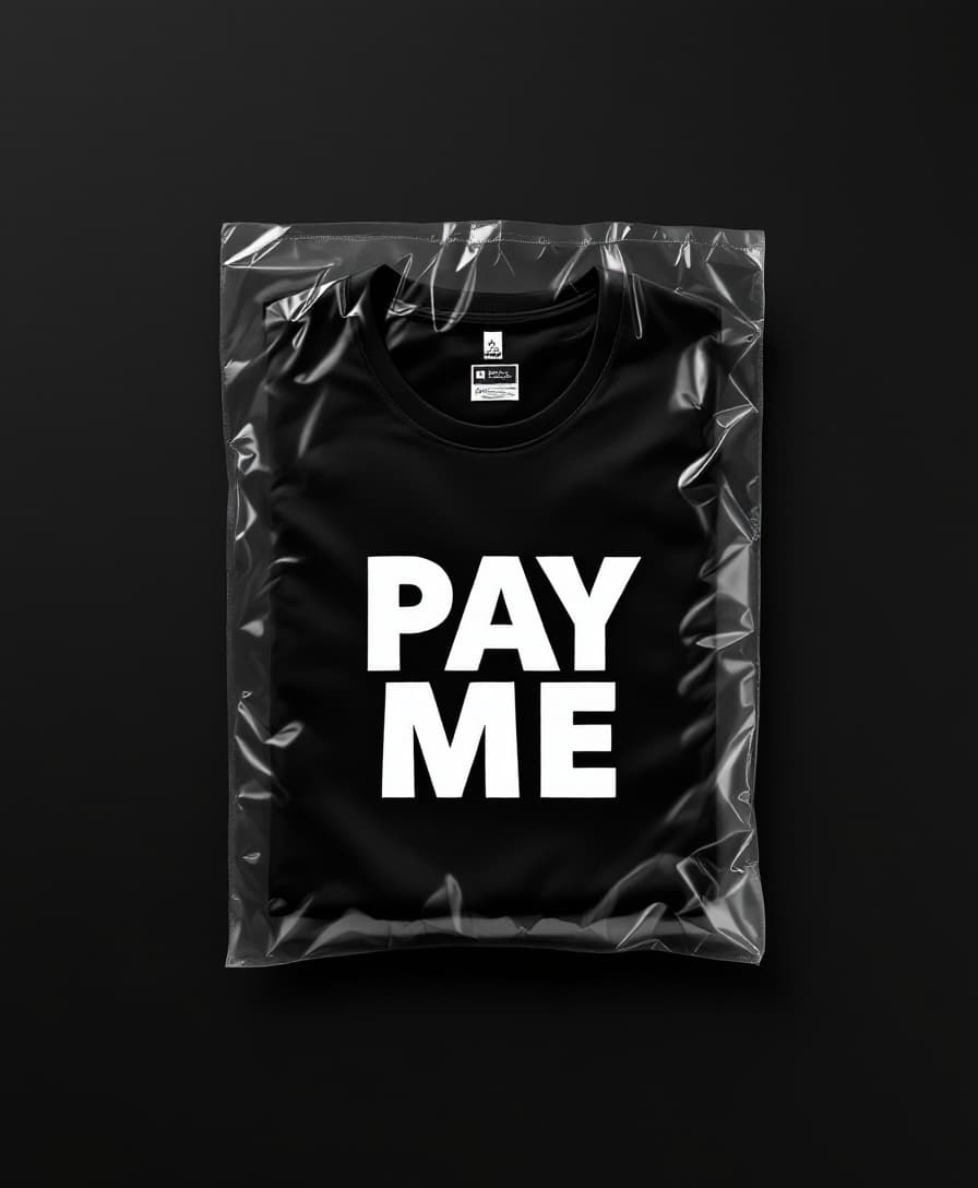AI generated: A mockup of a parcel delivery bag featuring a folded black t-shirt with a print in the middle promin...