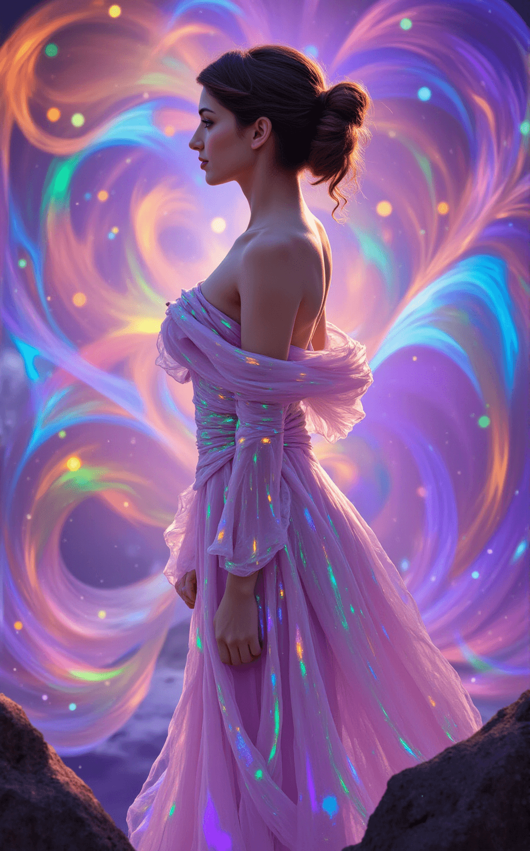 AI generated: Maya Ali stands in a side profile, embodying the essence of a wind sorcerer from the world of Warcra...
