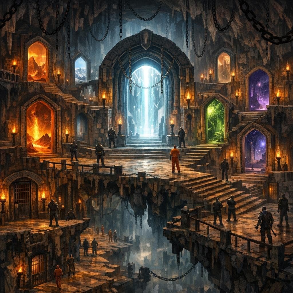 AI generated: Create a unique environment/Biome of a Prison→ The Threshold Nexus (doorways to everywhere)
