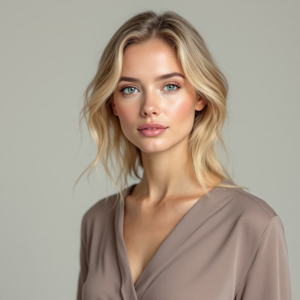 AI generated: A 25-year-old American blonde woman with luminous skin, oval-shaped face, high cheekbones, and light...