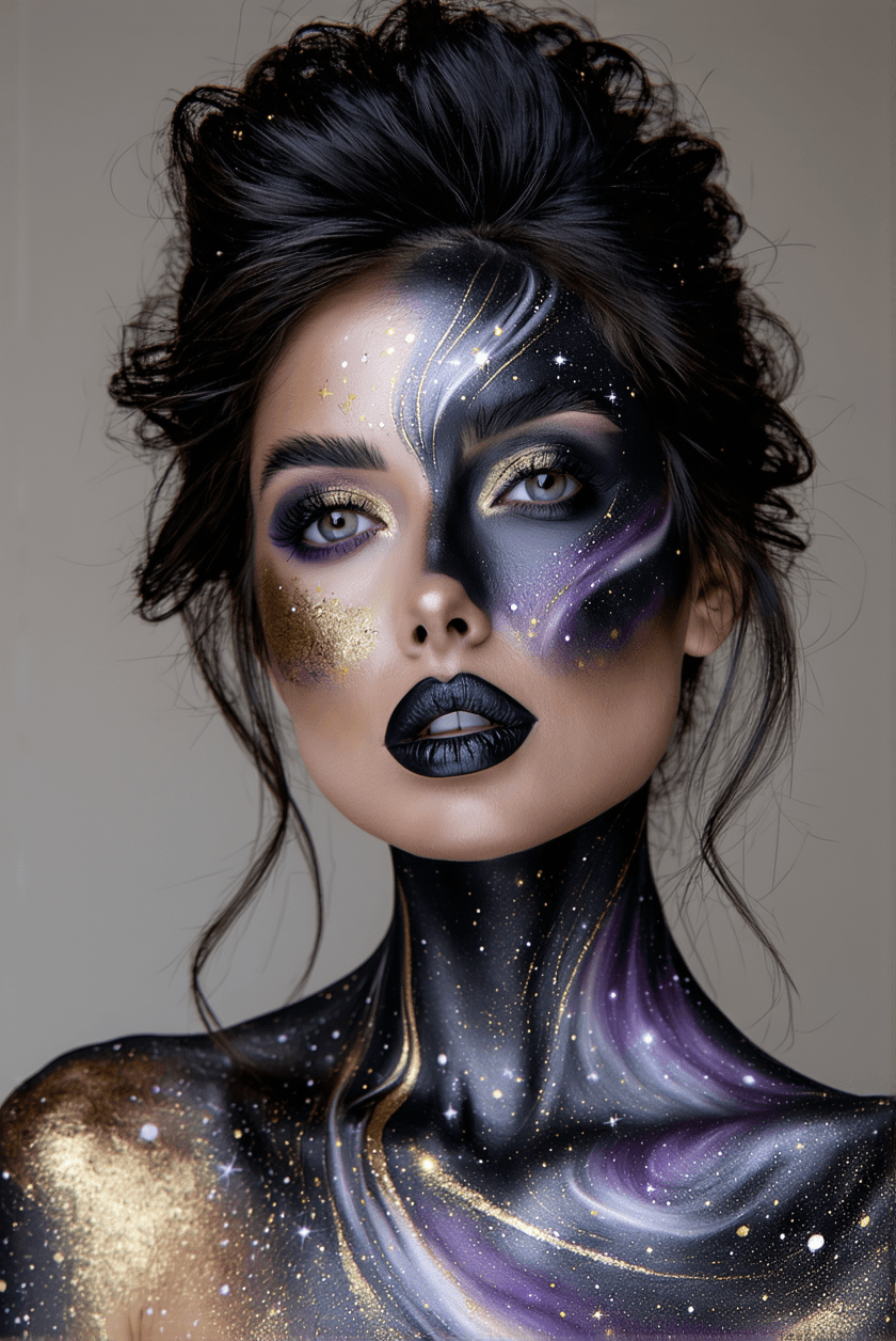 AI generated: A hyperrealistic image of a woman showcasing an elaborate body paint design inspired by the cosmos a...
