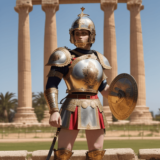 AI generated: a grown up monkey standing proudly in front of a historical Carthage monument, dressed in a detailed...