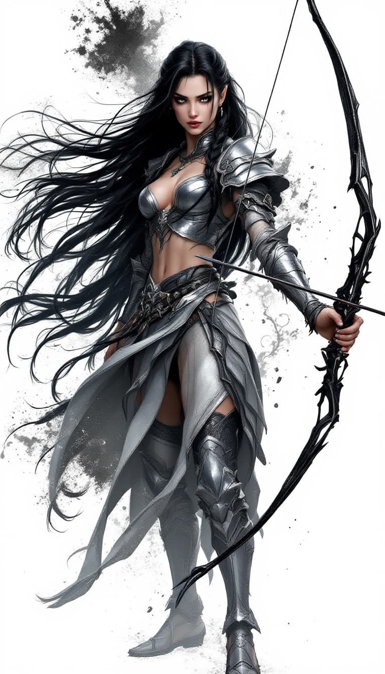 AI generated: 1 woman, bow and arrow, long braided hair, raven black hair, white background, solo, looking at view...