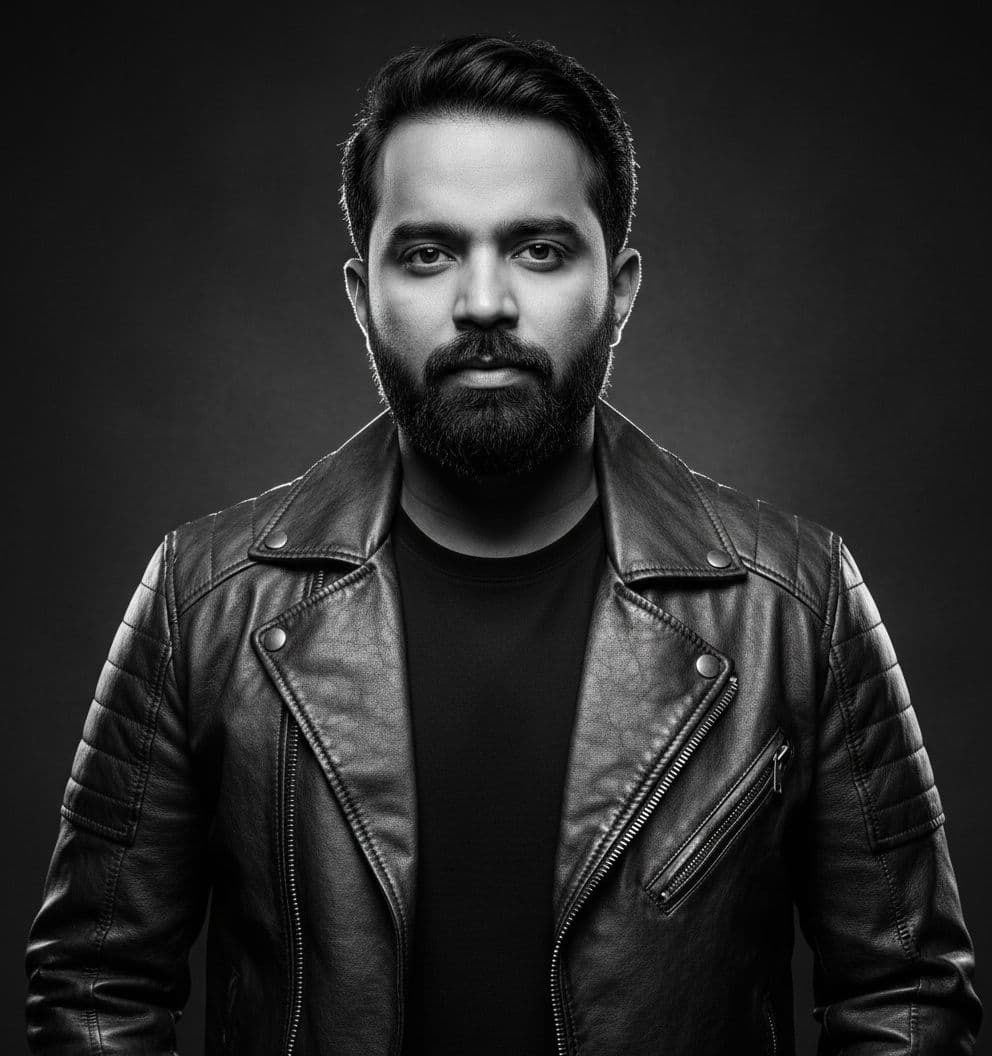 AI generated: black and white photography, fashion editorial, a darkhaired man is leather jacket in studio lights ...