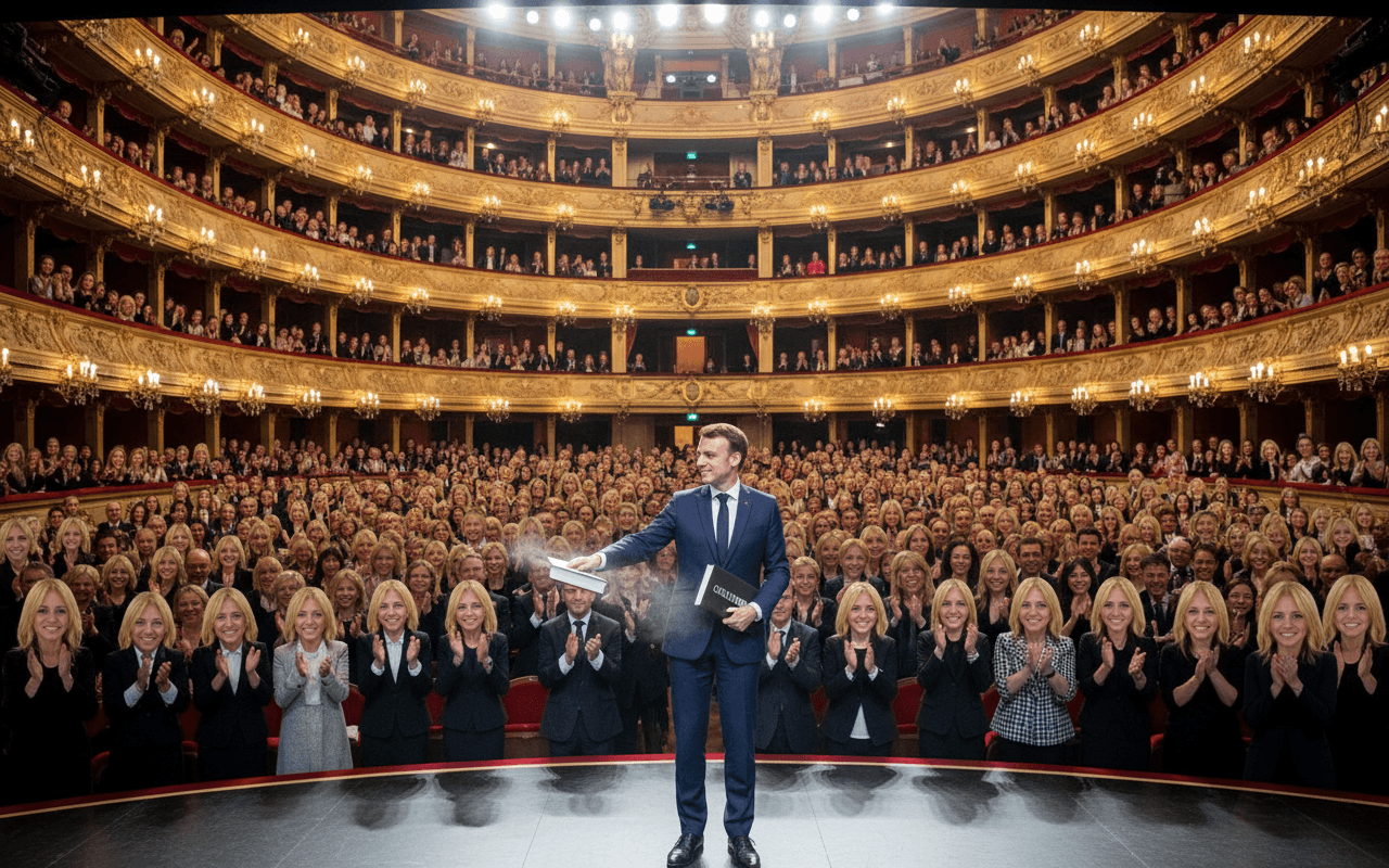 AI generated: In a fancy theatre hall the public is full of people. we can see their face because they're looking ...