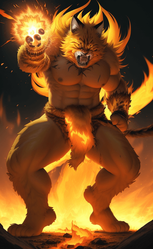 AI generated: The fur stood up like the flames of a golden-yellow cat warrior, extra long Fluffy, fighting at war,...