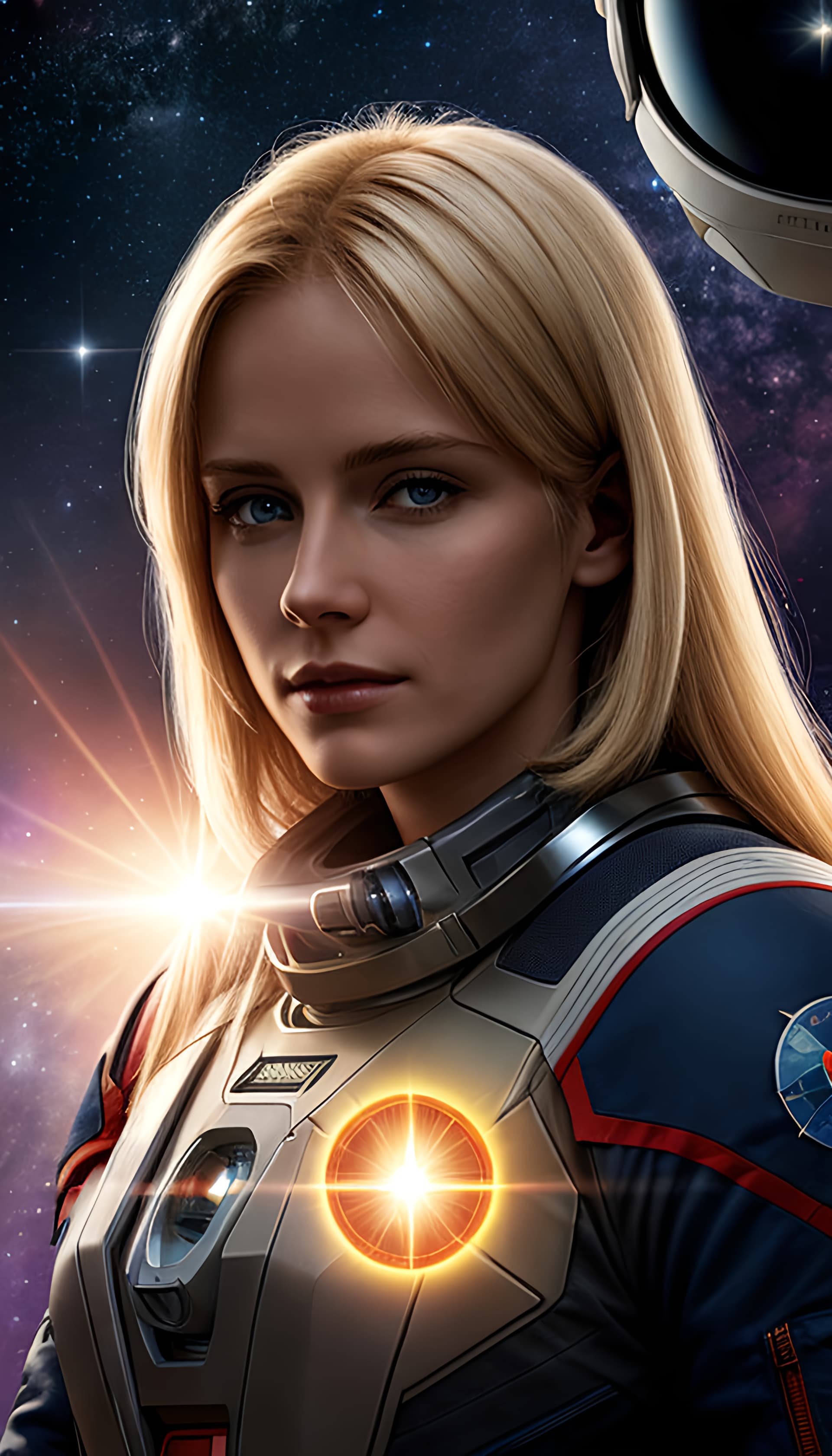 AI generated: A starfield style poster of of a female with short blond straight hair, looking towards camera with ...