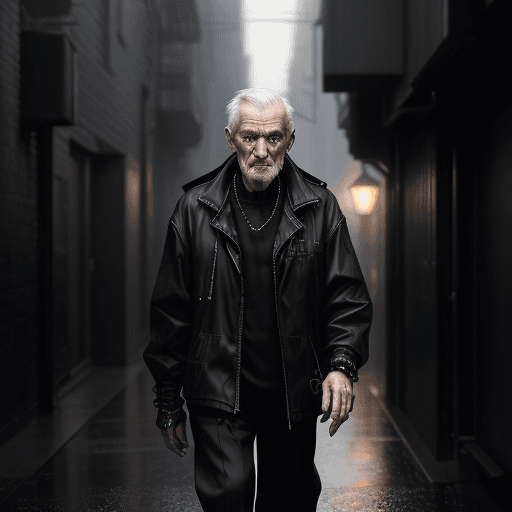 AI generated: Old Man, high height, all black clothes, simple tech wear, detail of wear: grey silver, black metal;...