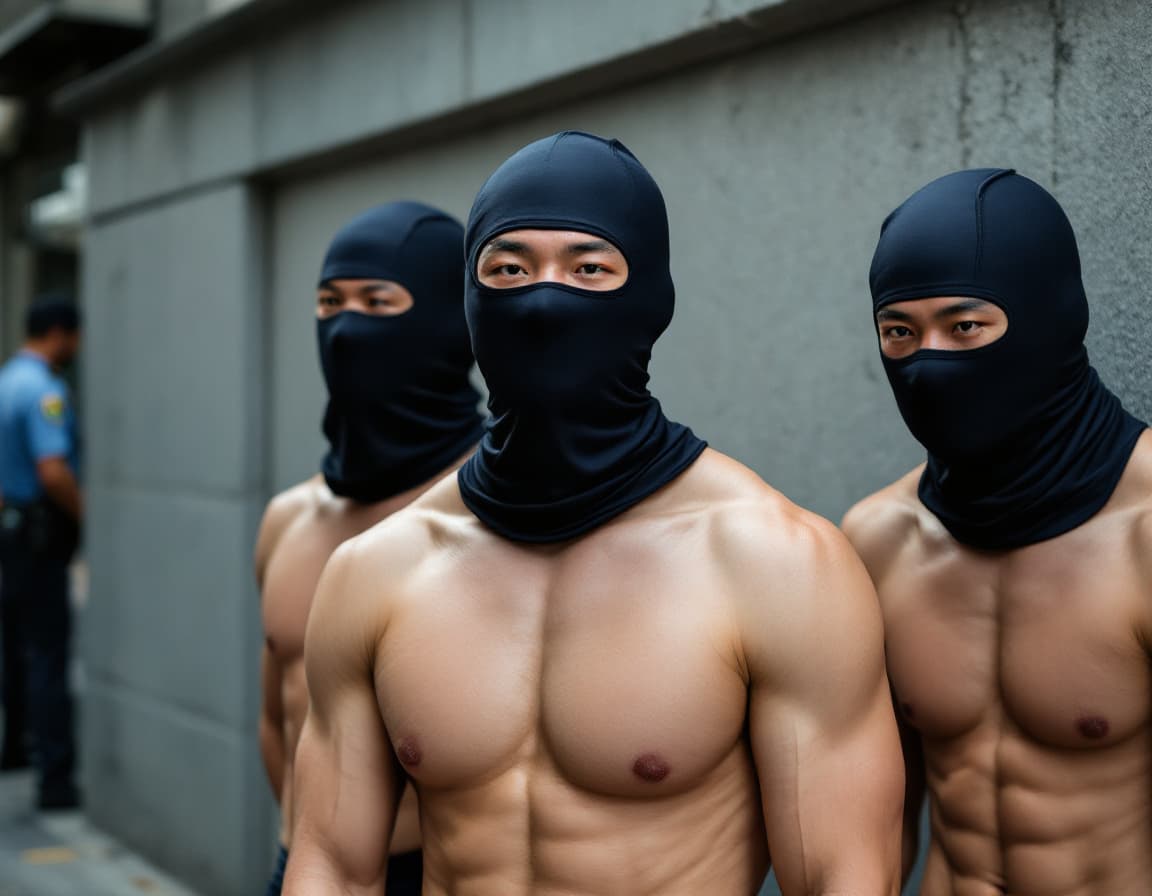 AI generated: Police arrest three male Asian Chinese athletes wearing navy swim compression jammers on a street ne...