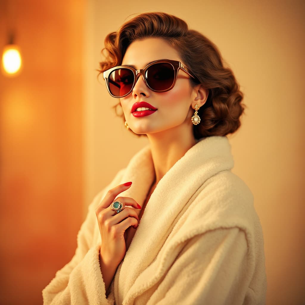 AI generated: retro style of a woman in a bathrobe wearing lipstick, sunglasses, a ring, and an earring