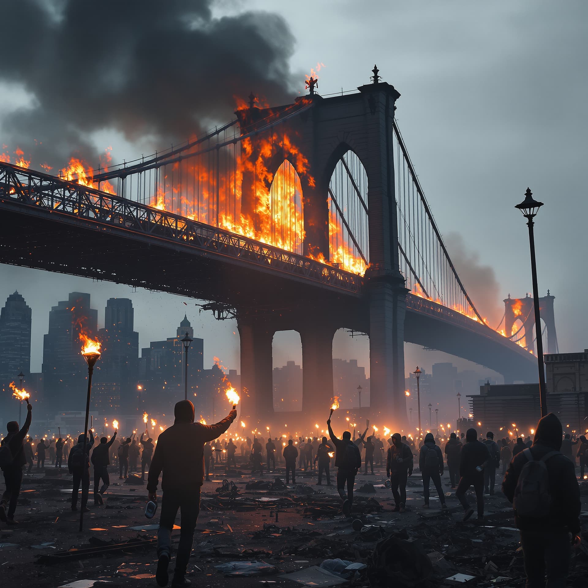 AI generated: The brooklyn bridge is set on fire and burning, in the distance on the ground you can see an army of...