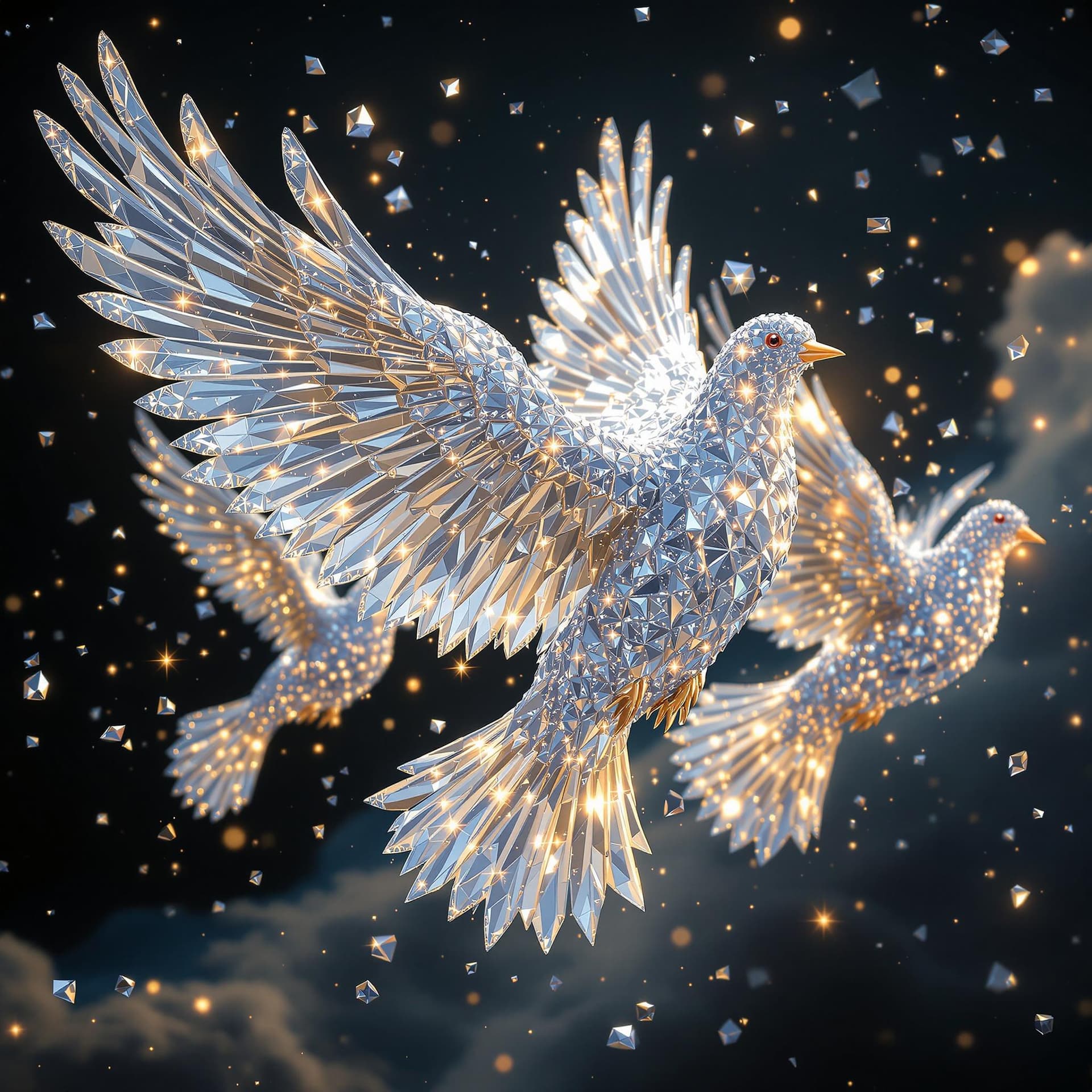 AI generated: 3 DOVES MADE OUT OF DIAMONDS FLYING WITH WINGS FULLY EXPANDED, 1 DOVE IS BIGGER IN THE FRONT AND THE...