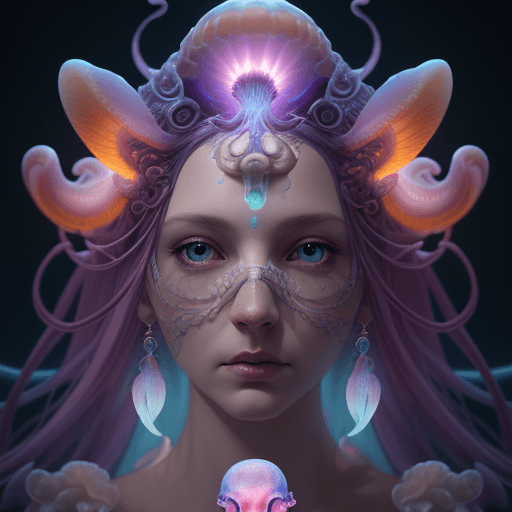 AI generated: Goddess close-up portrait ribcagel. jellyfish phoenix head, nautilus, orchid, skull, betta fish, bio...