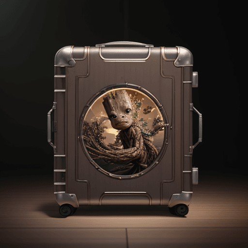 AI generated: Fish with the design and character of Groot The suitcase is gold and brown dark, no watermark,no cop...