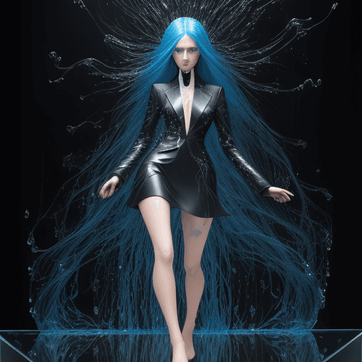 AI generated: beautiful long haired blue eyed woman in black mini skirt suit with hair, full body, in the style of...