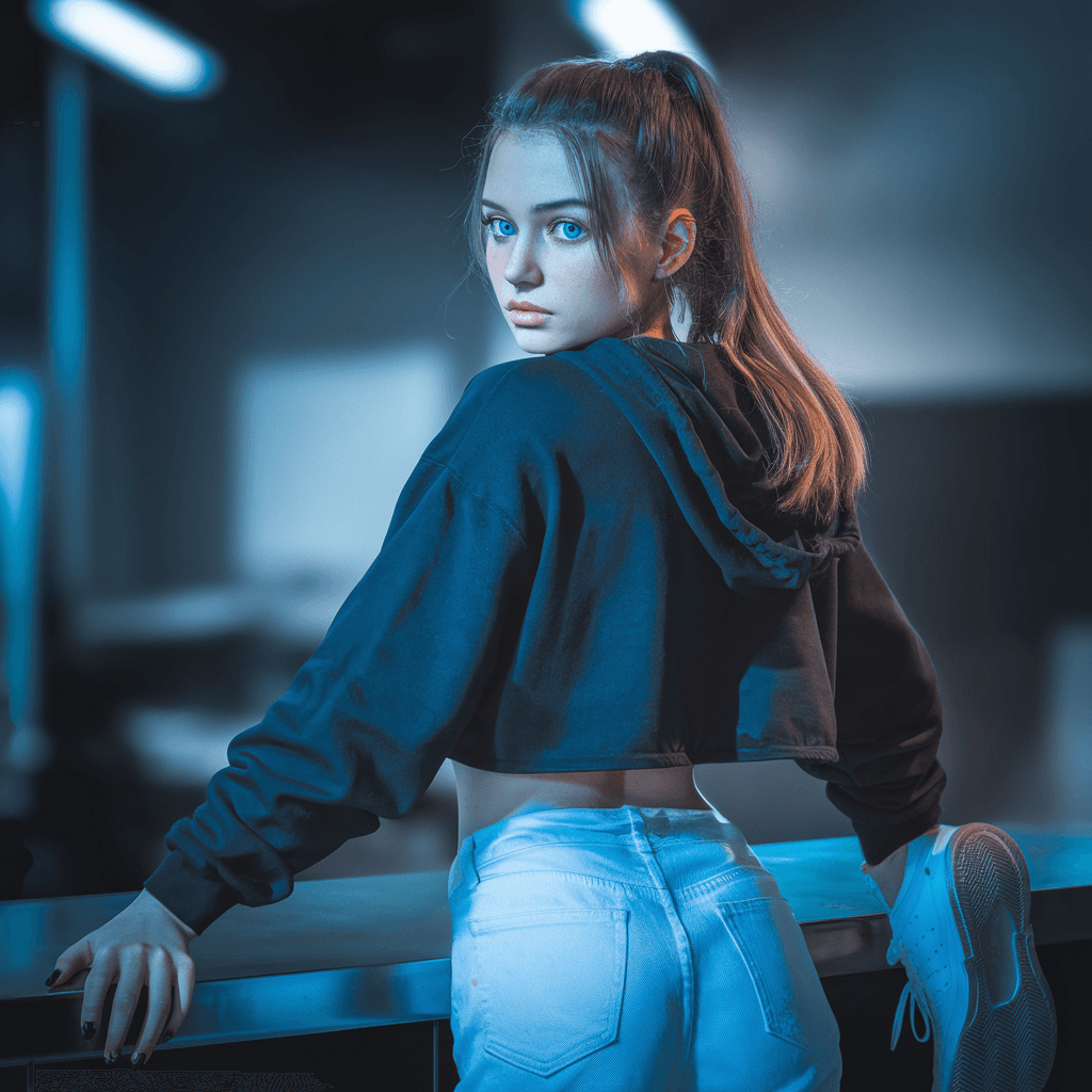 AI generated: beautiful European 22 years old girl with blue eyes and brown hair, she is standing dost from the ba...