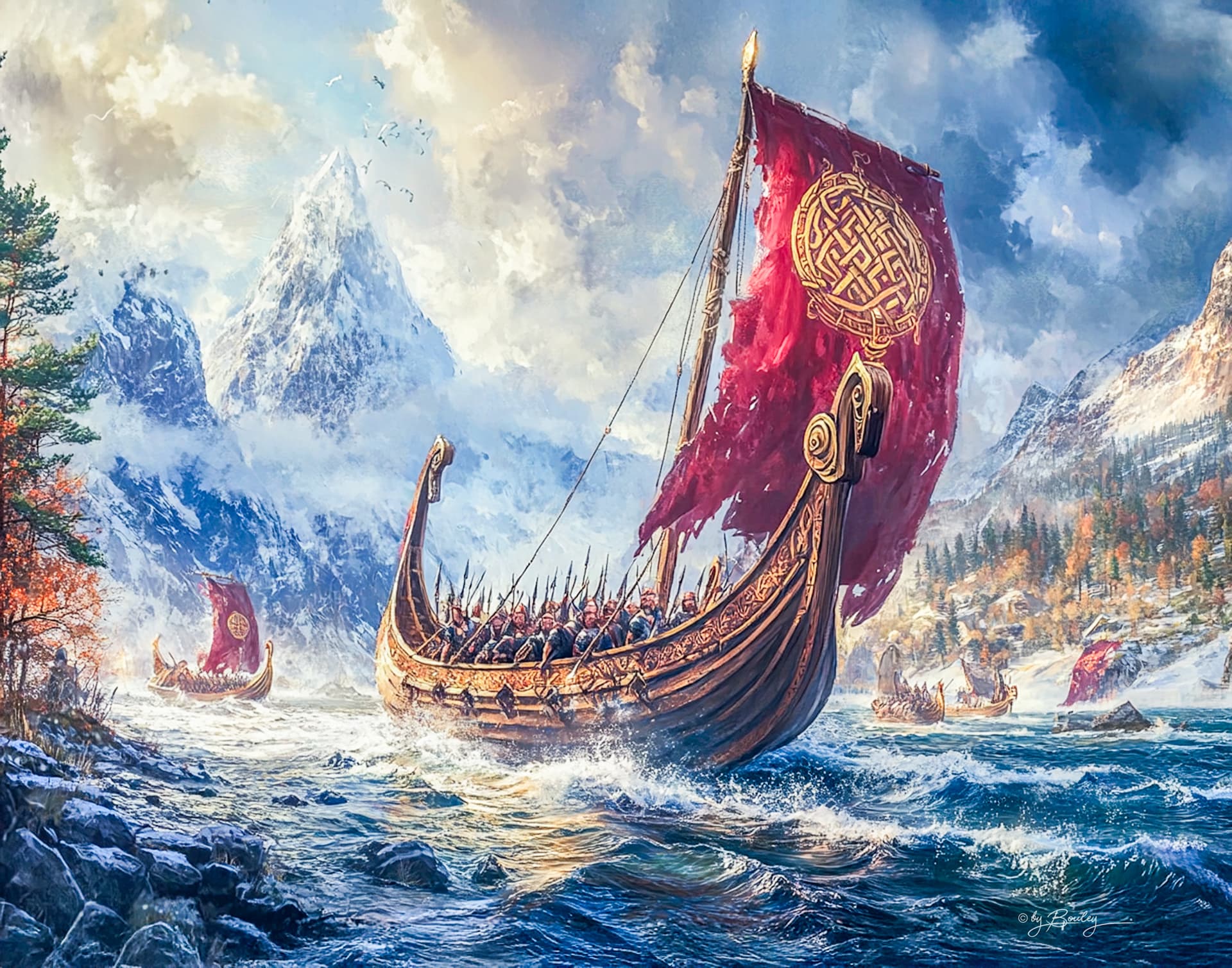 AI generated: fine art painting of a Viking longship sailing on a rough lake, with a group of Viking warriors on b...