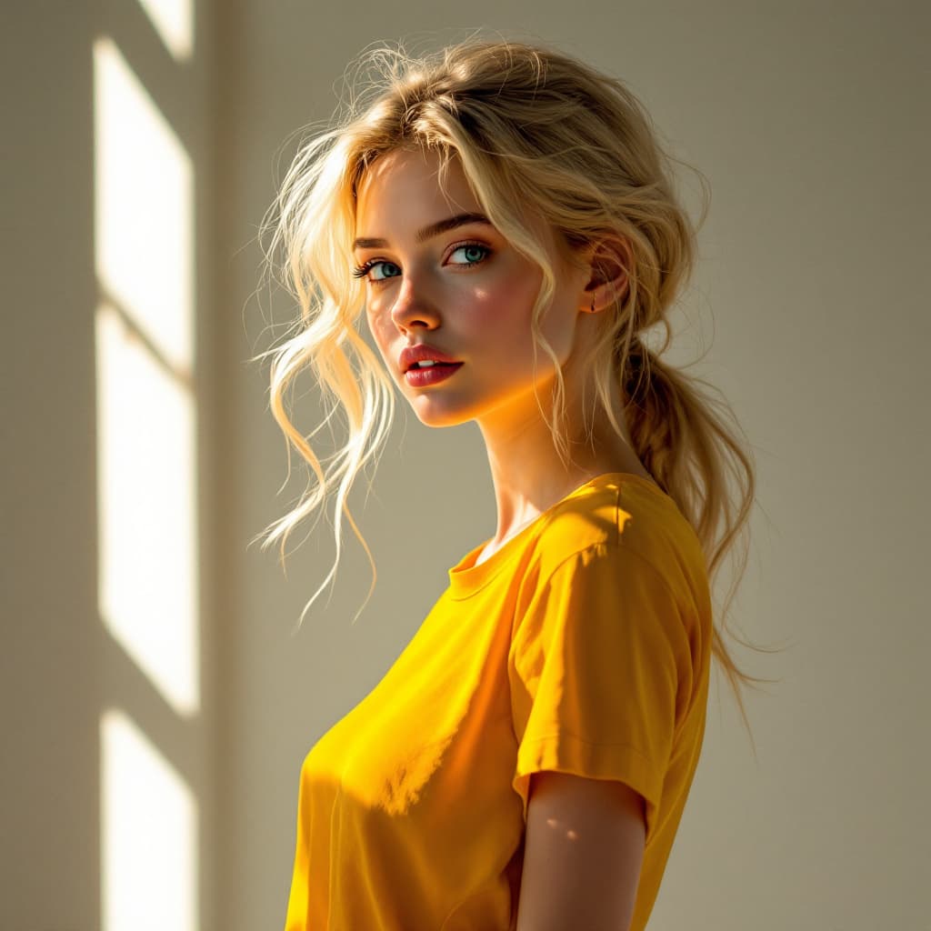 AI generated: blond girl in a yellow shirt is posing, soft, atmospheric lighting --chaos 33 --ar 1:2 --profile yru...