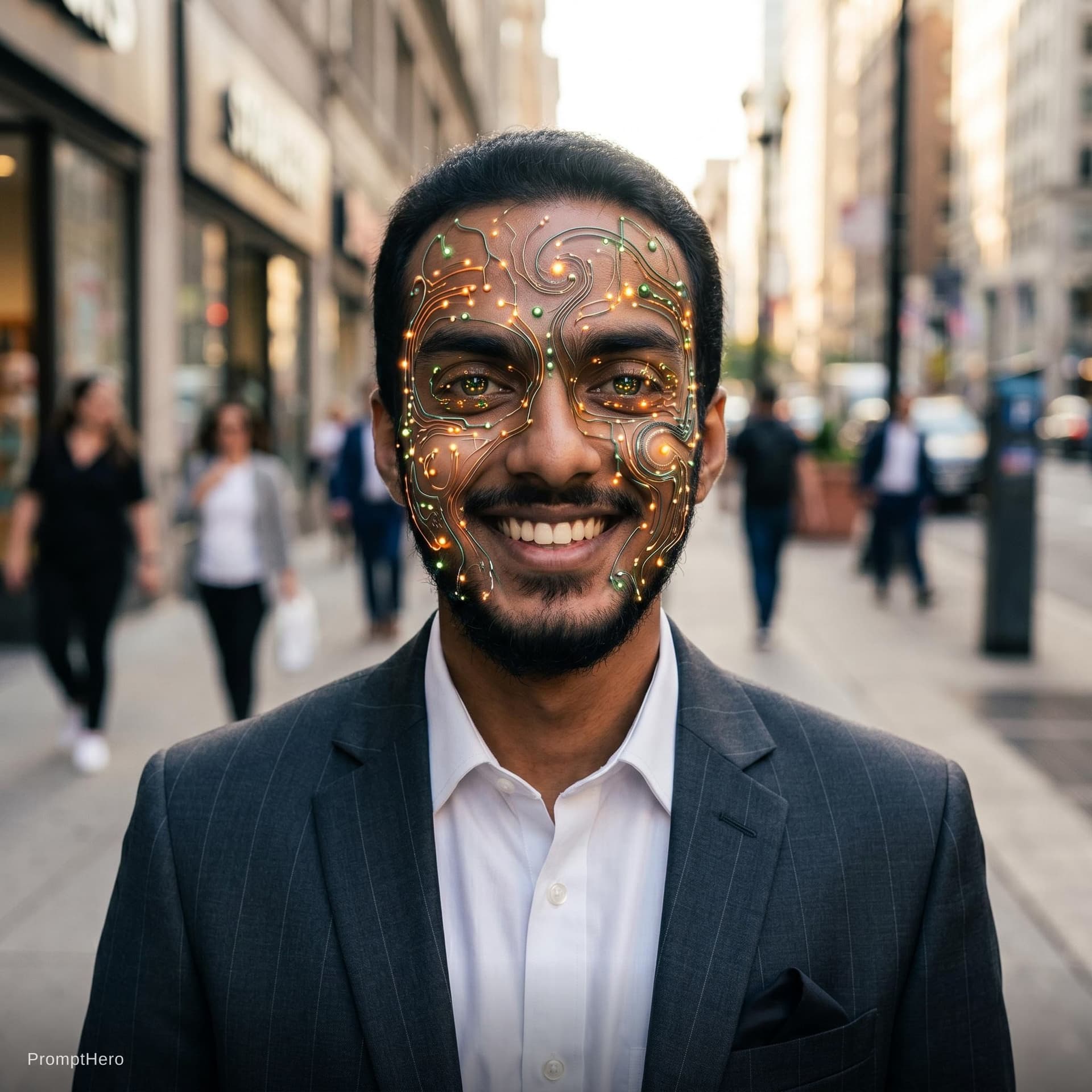 AI generated: 
A hyperrealistic white man walks toward us, facing the camera, along a city sidewalk. Close-up on t...