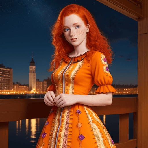 AI generated: Gorgeous redhead with freckles, wearing a colorful, vibrant, detailed embroidered dress, medium-full...
