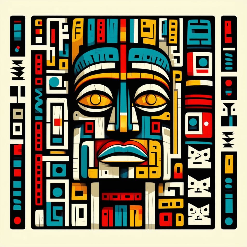 AI generated: Develop a digital art piece inspired by primitivism. This work should incorporate abstract symbols, ...