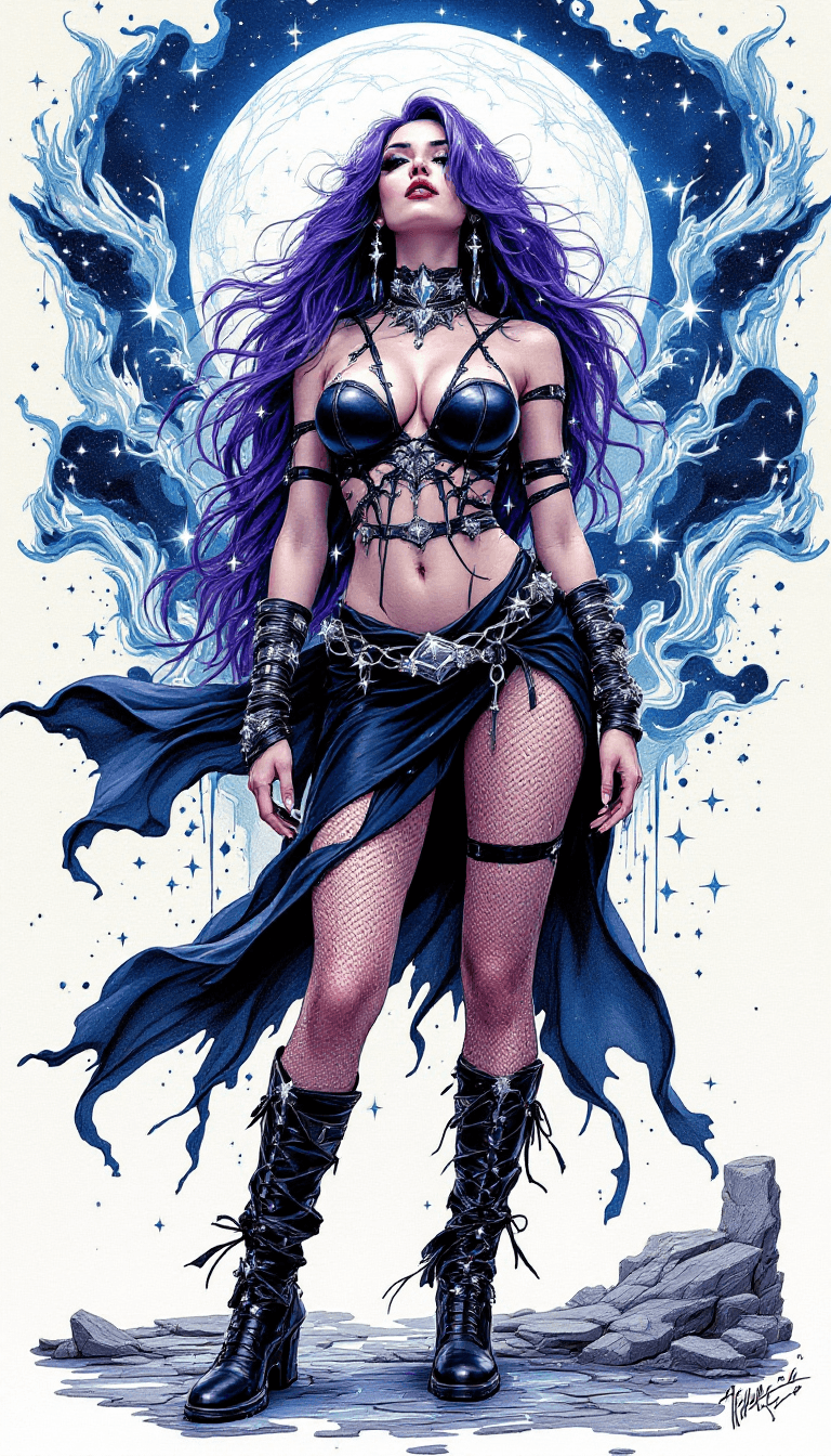 AI generated: A dramatic and surrealistic ink artwork that combines ultra-realism with punk-inspired celestial ele...