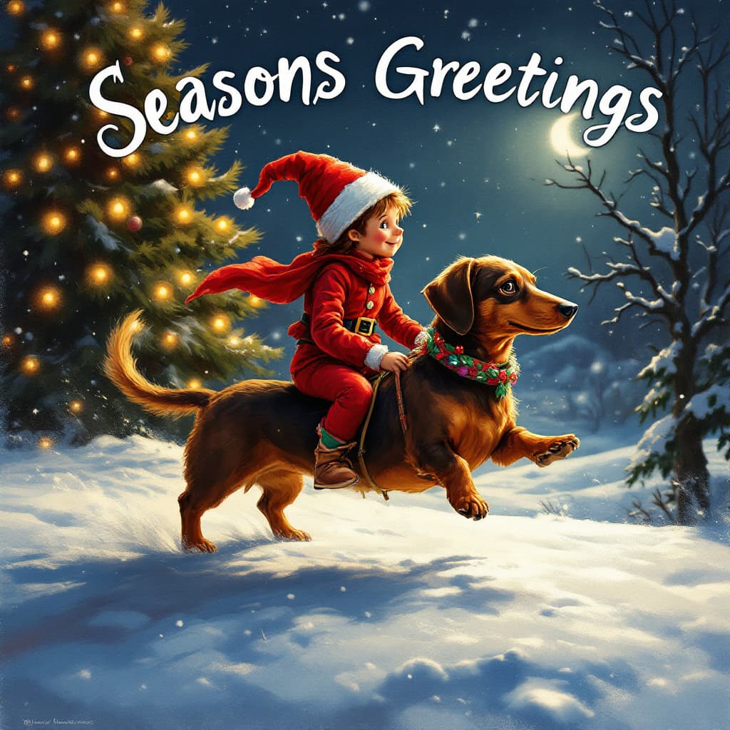 AI generated: An elf riding a dachshund Christmas theme at night postcard that says seasons greetings 